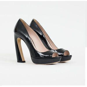 Miu Miu Patent Leather Peep Toe Curved Heel Platform Pump Black Women's EU 40